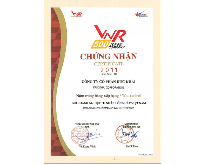 Duc Khai was announced in the Top 500 largest  enterprises in Vietnam 2011