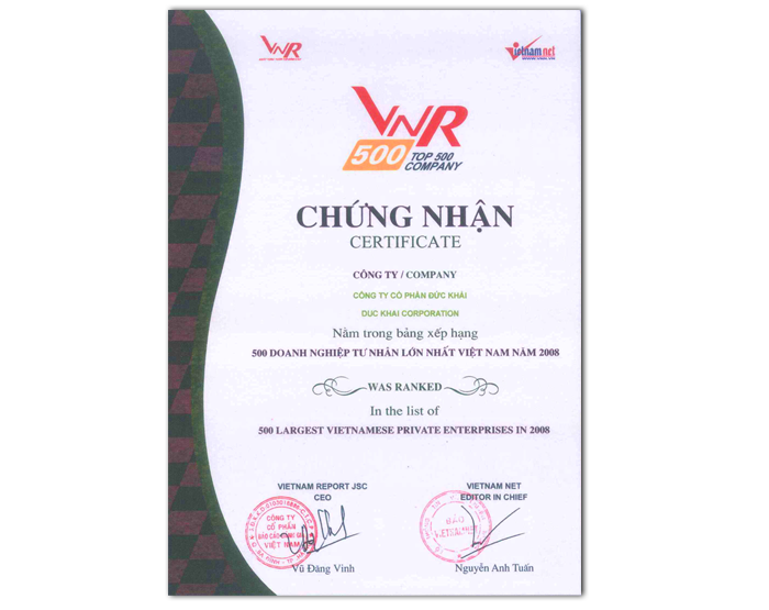 Cty Cổ Phần Đức Khải nằm trong bảng xếp hạng 500 doanh nghiệp lớn nhất Việt Nam năm 2008